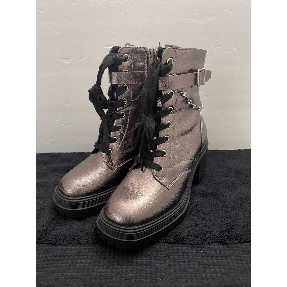 POP Yeardly Metallic Pewter Combat Boots Rhinestone Chain Lug Sole 6.5M New